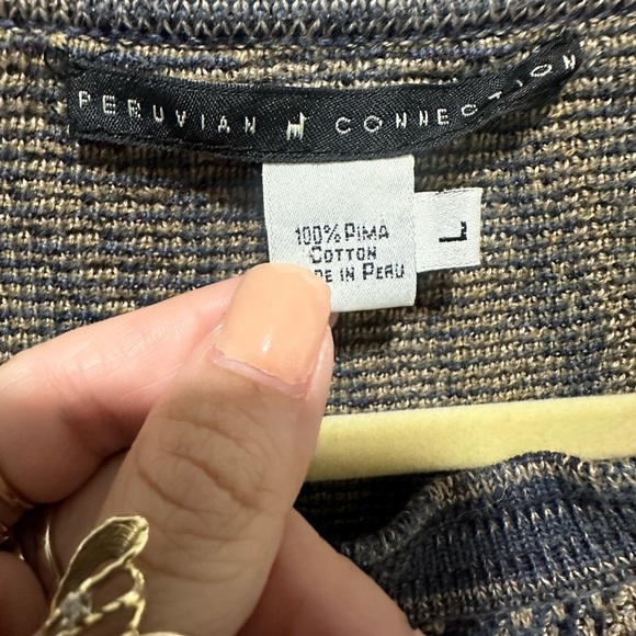 Peruvian Connection Boho Striped Textured Cotton Sweater Earthy Neutral Tones L - Picture 4 of 4